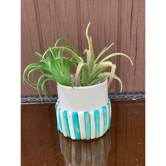 Upcycled Blue & White Mother of PEARL Planter With Drainage Hole - Picture 3 of 7